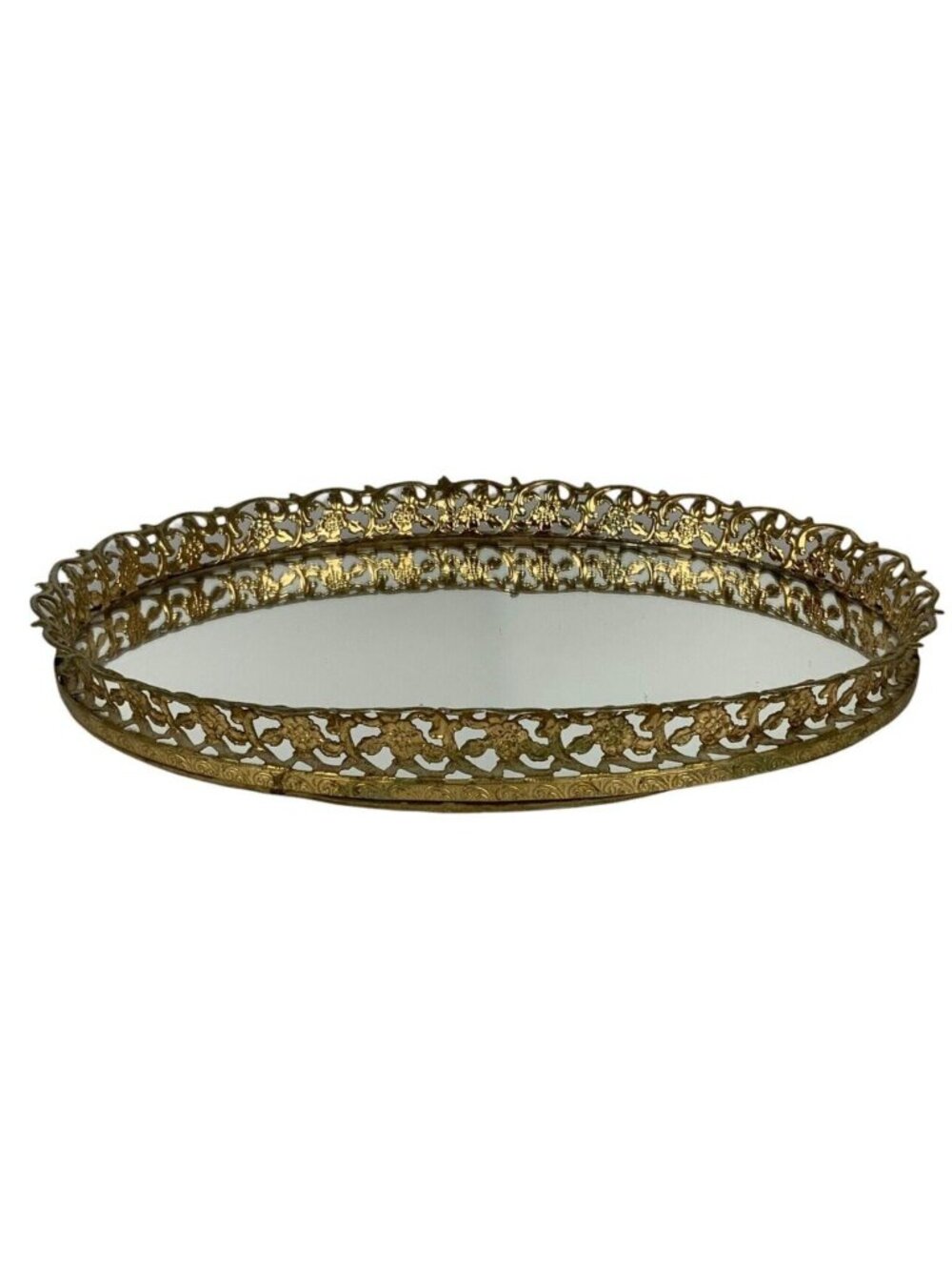 Vintage Oval Vanity Tray Gold Gilt Metal Filigree Mirror Hollywood Regency 1950s